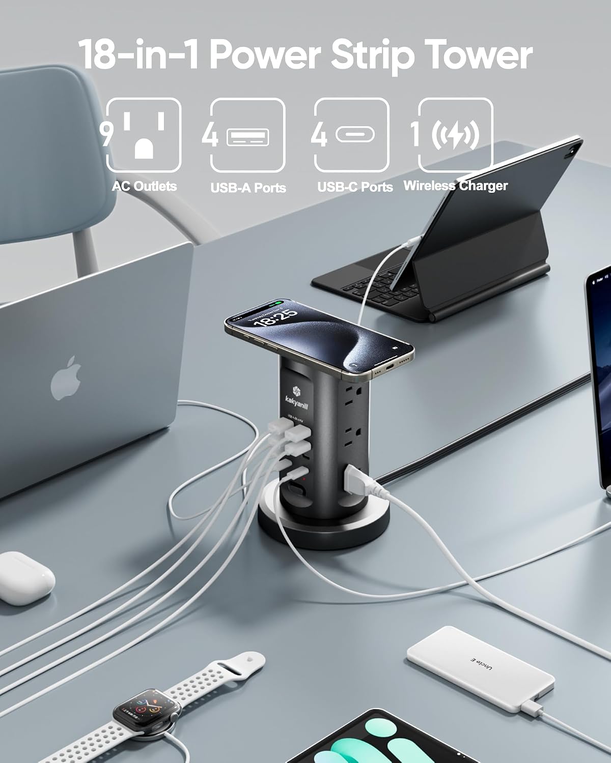 Estación carga USB 30W torre con 9 salidas CA y 8 puertos