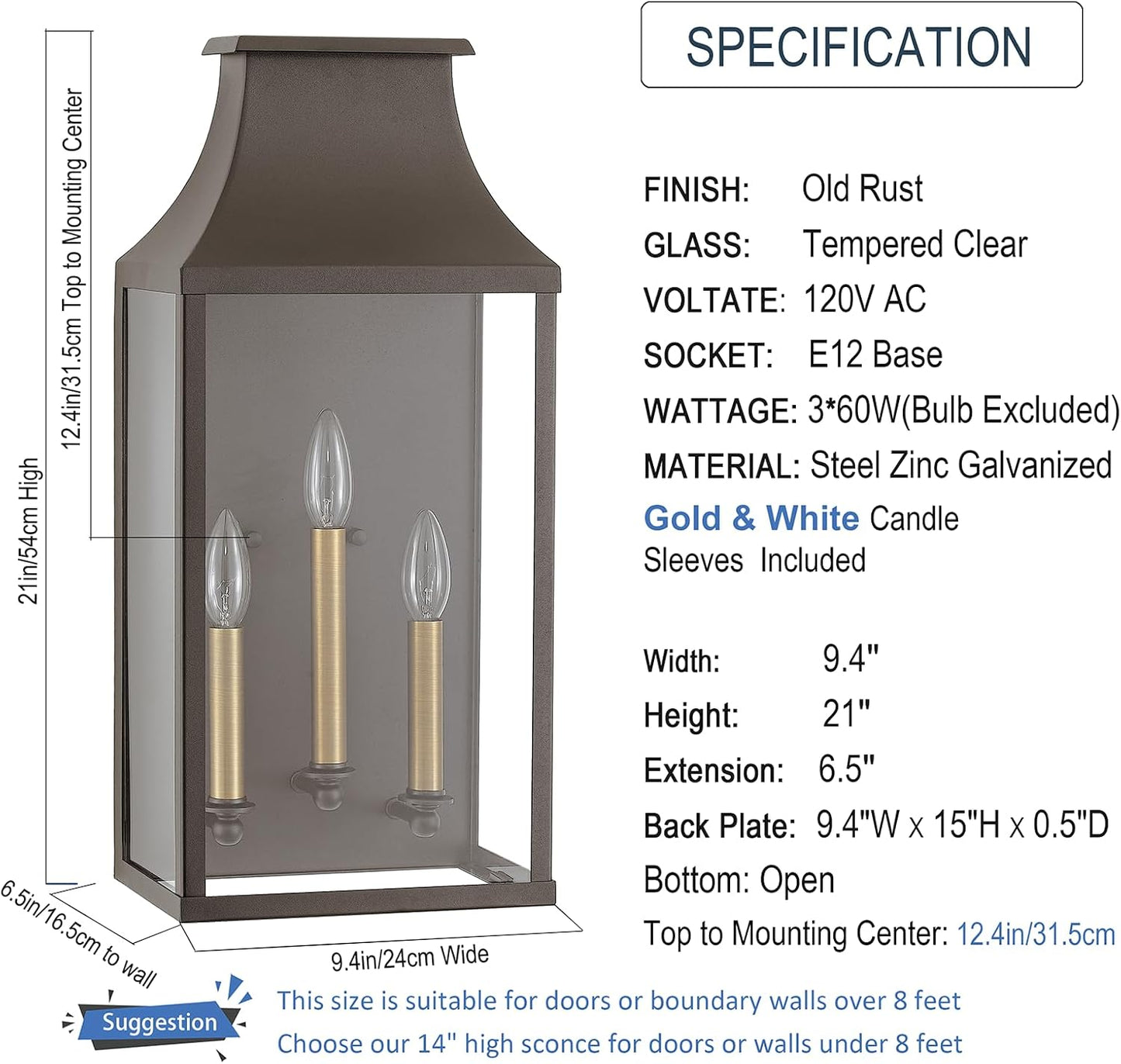 Lámpara exterior pared E12 acero oxidado vidrio templado