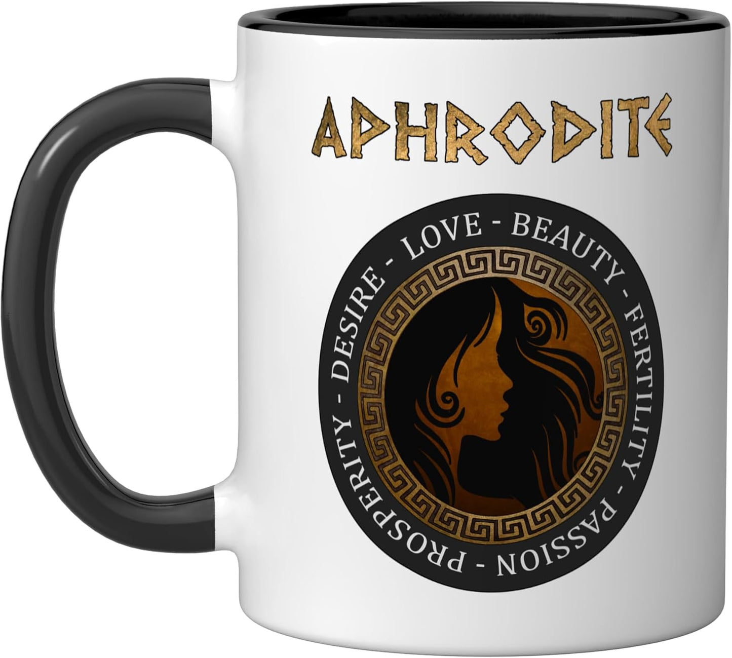 Taza cerámica de Afrodita diosa griega de belleza y amor negra/blanca