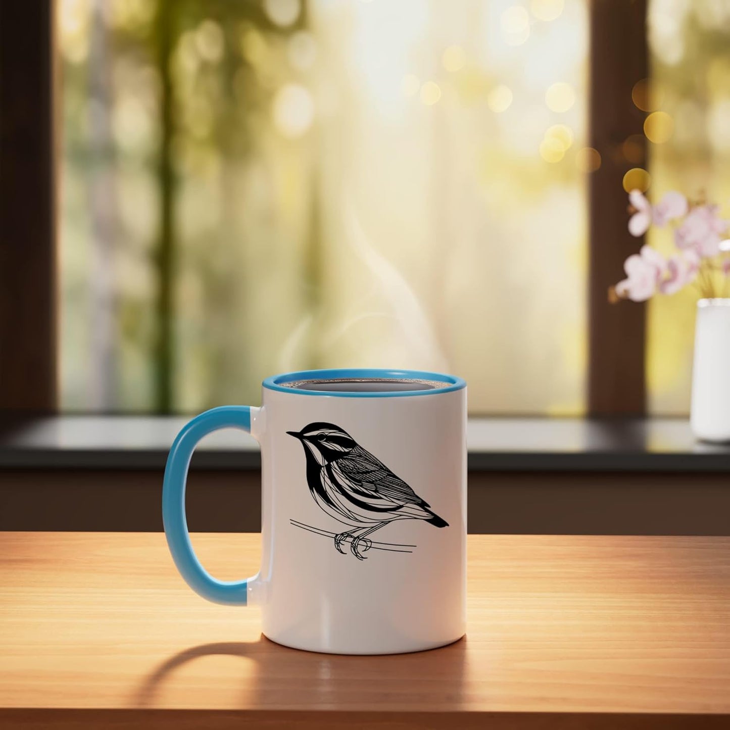 Taza cerámica Warbler Line Art para observador de aves azul/blanco
