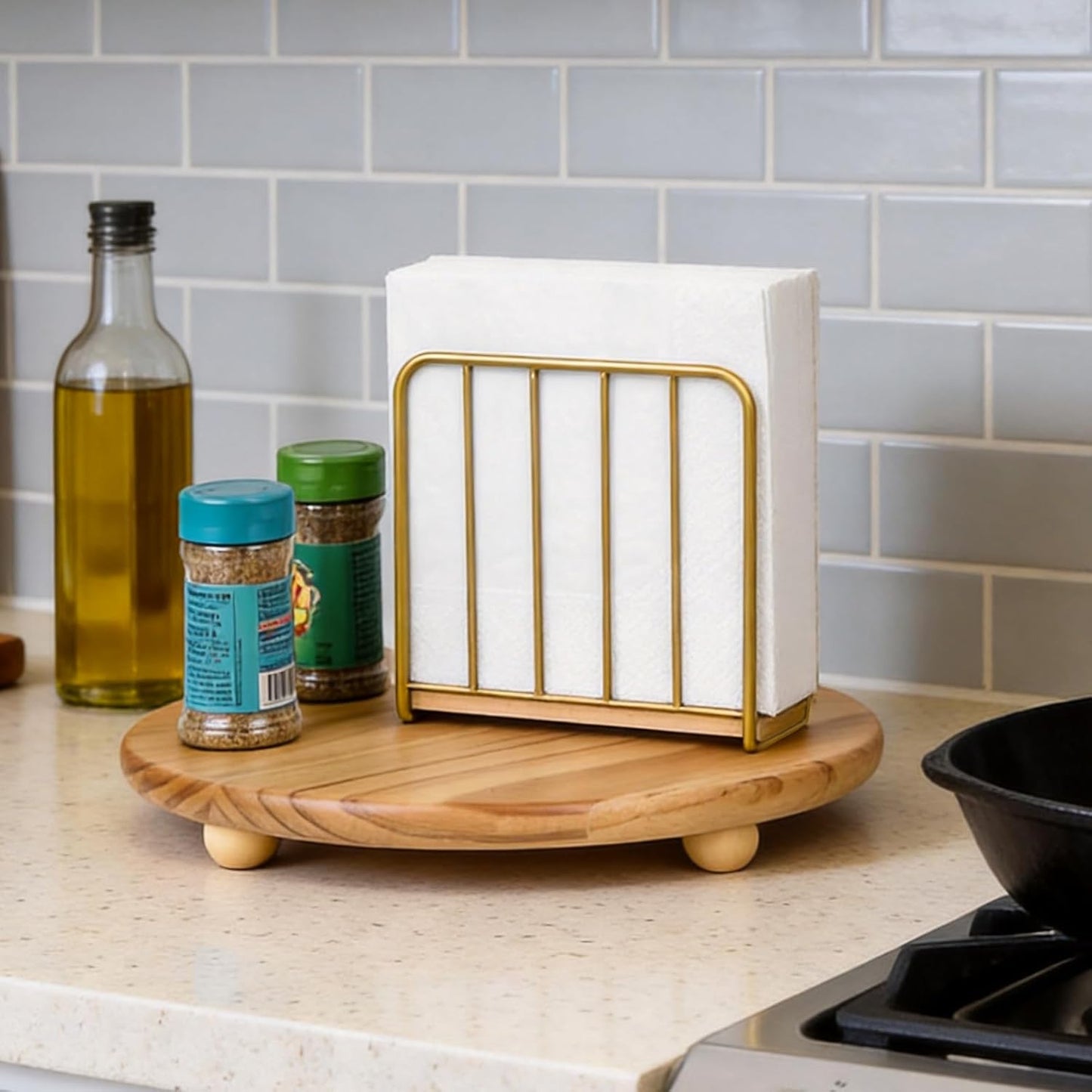 Servilletero moderno de granja con base de madera maciza y diseño metálico dorado