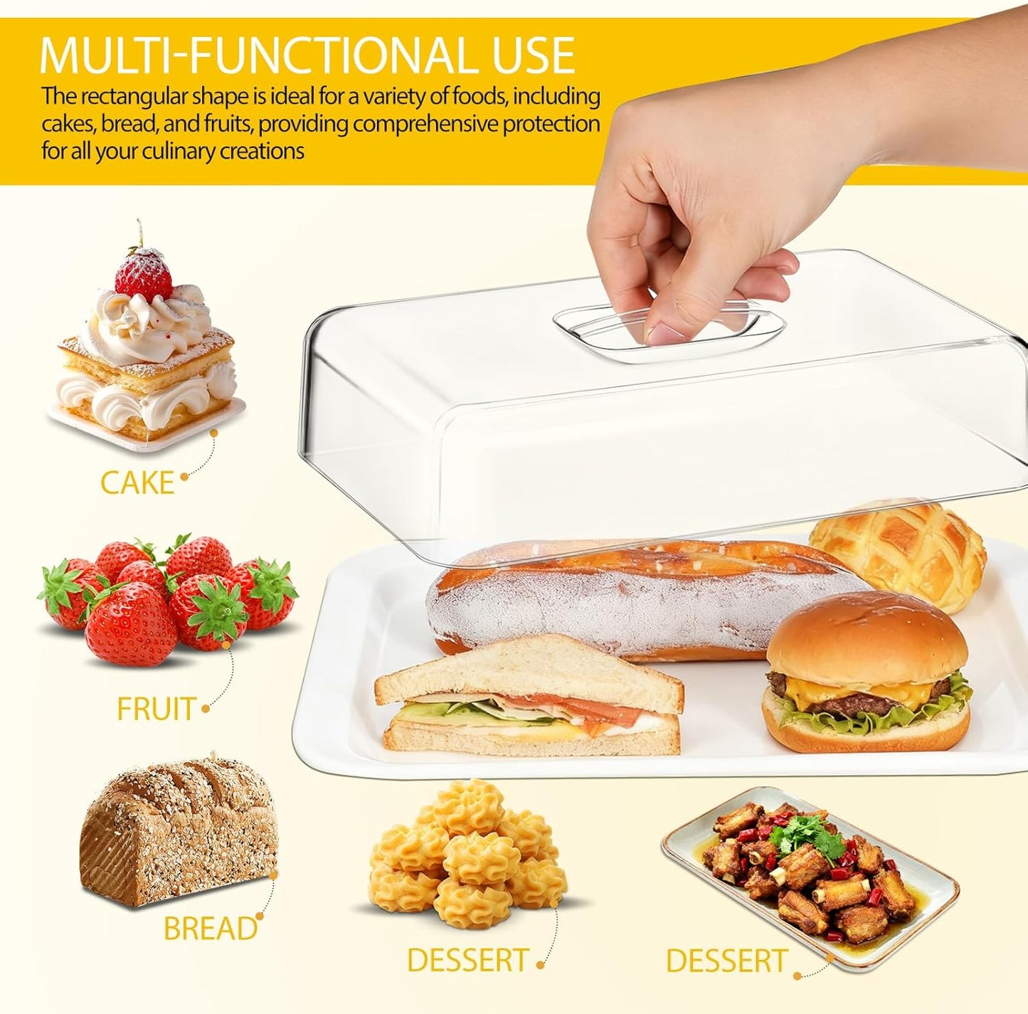 Soporte de acrílico rectangular para pasteles y galletas con cubierta de cúpula