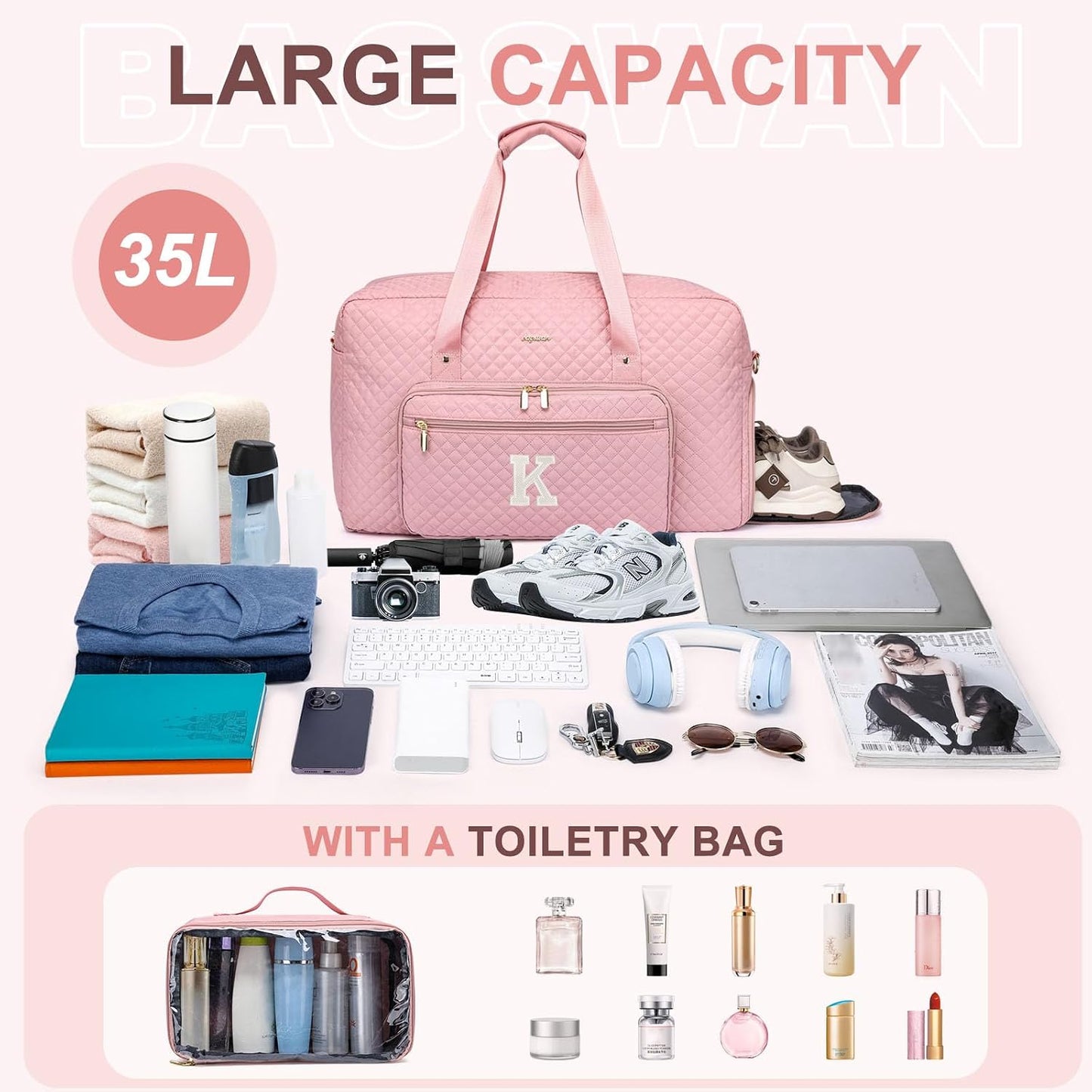 Bolsa viaje fin de semana rosa letra K grande