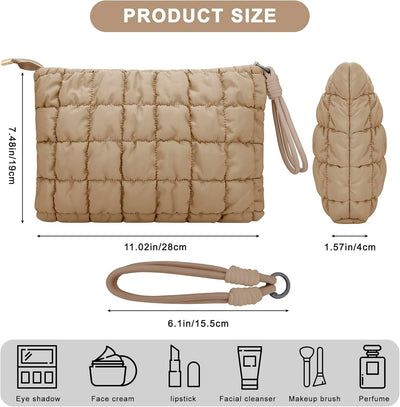 Bolsa maquillaje acolchada algodón cuadros cremallera marrón