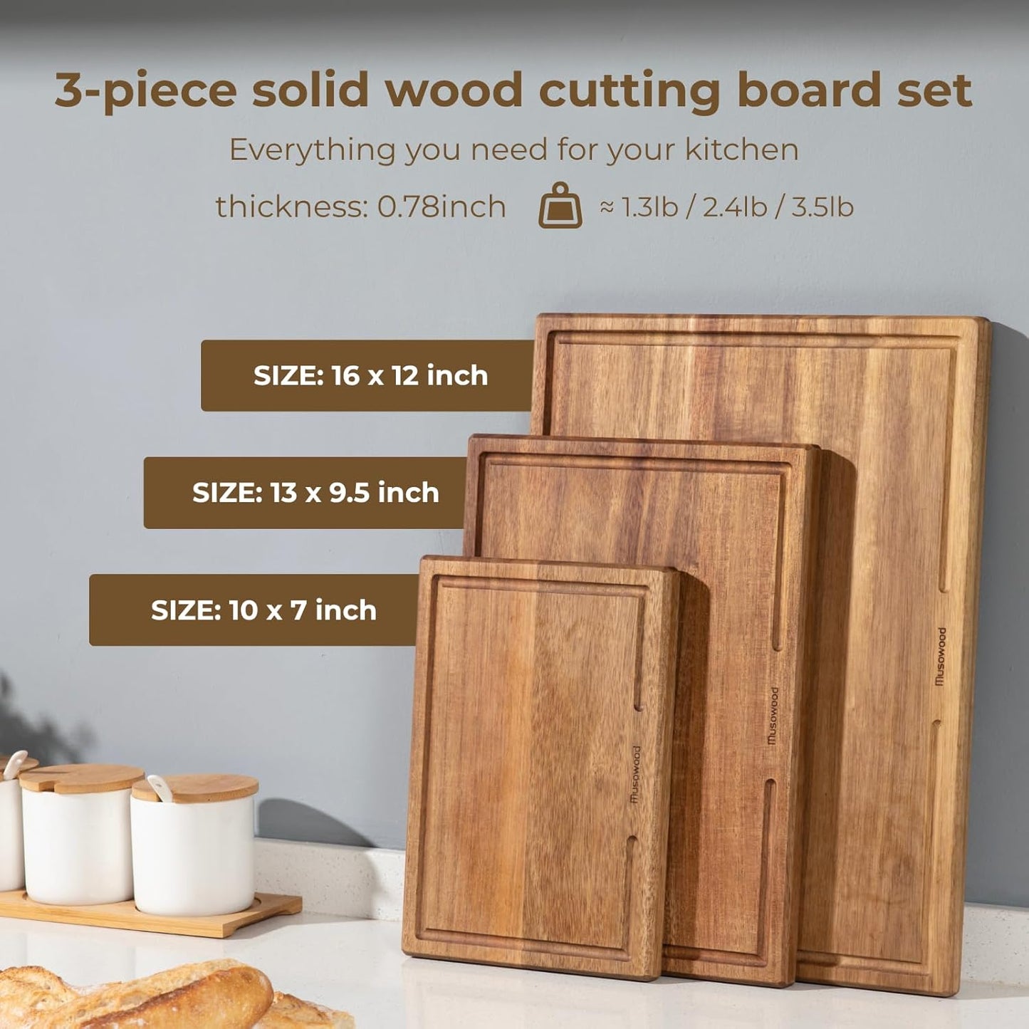 Tabla cortar madera acacia juego 3 pzas con soporte