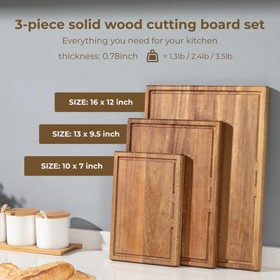 Tabla cortar madera acacia juego 3 pzas con soporte