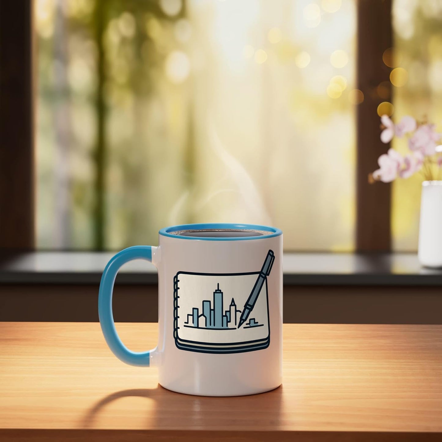 Taza Cerámica Dibujo Ciudad Azul Blanco