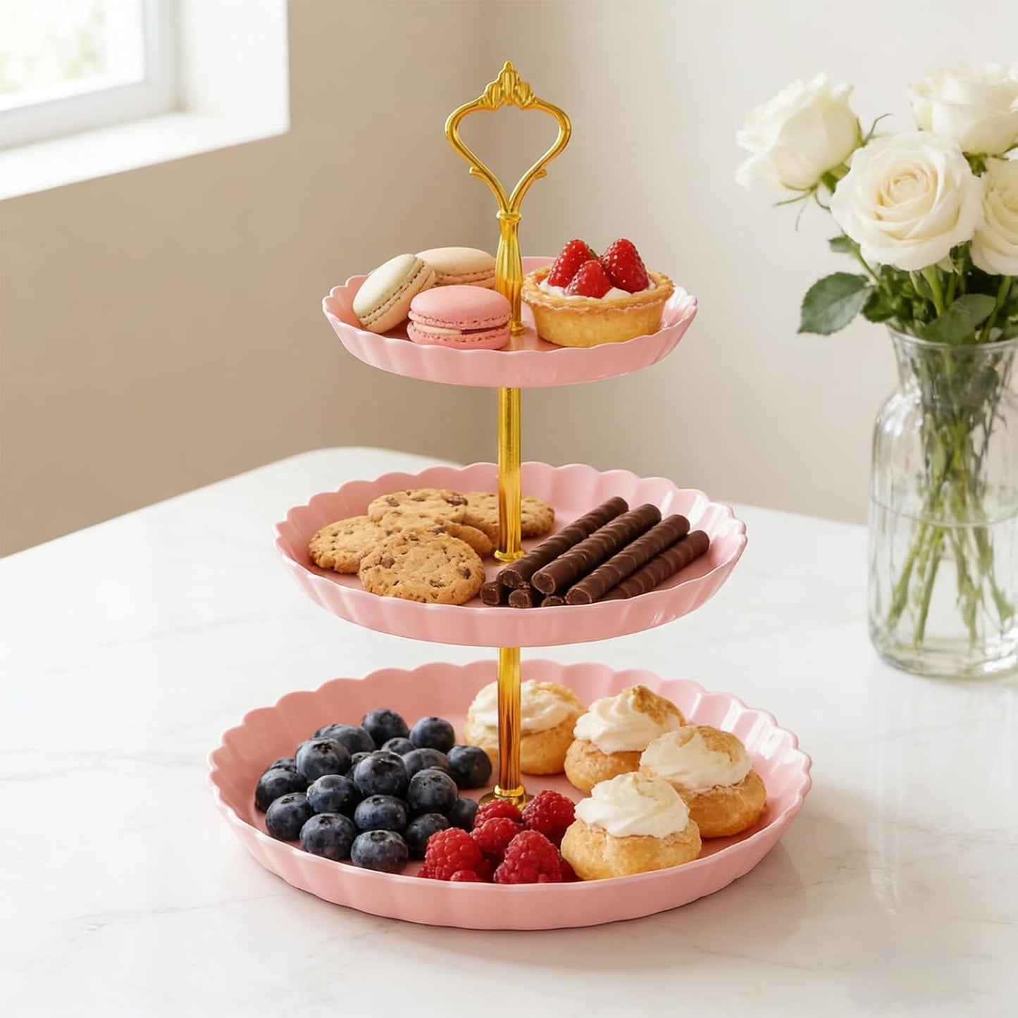 2 Soportes Plástico Cupcakes 3 Niveles Torre Postres Rosa Blanco