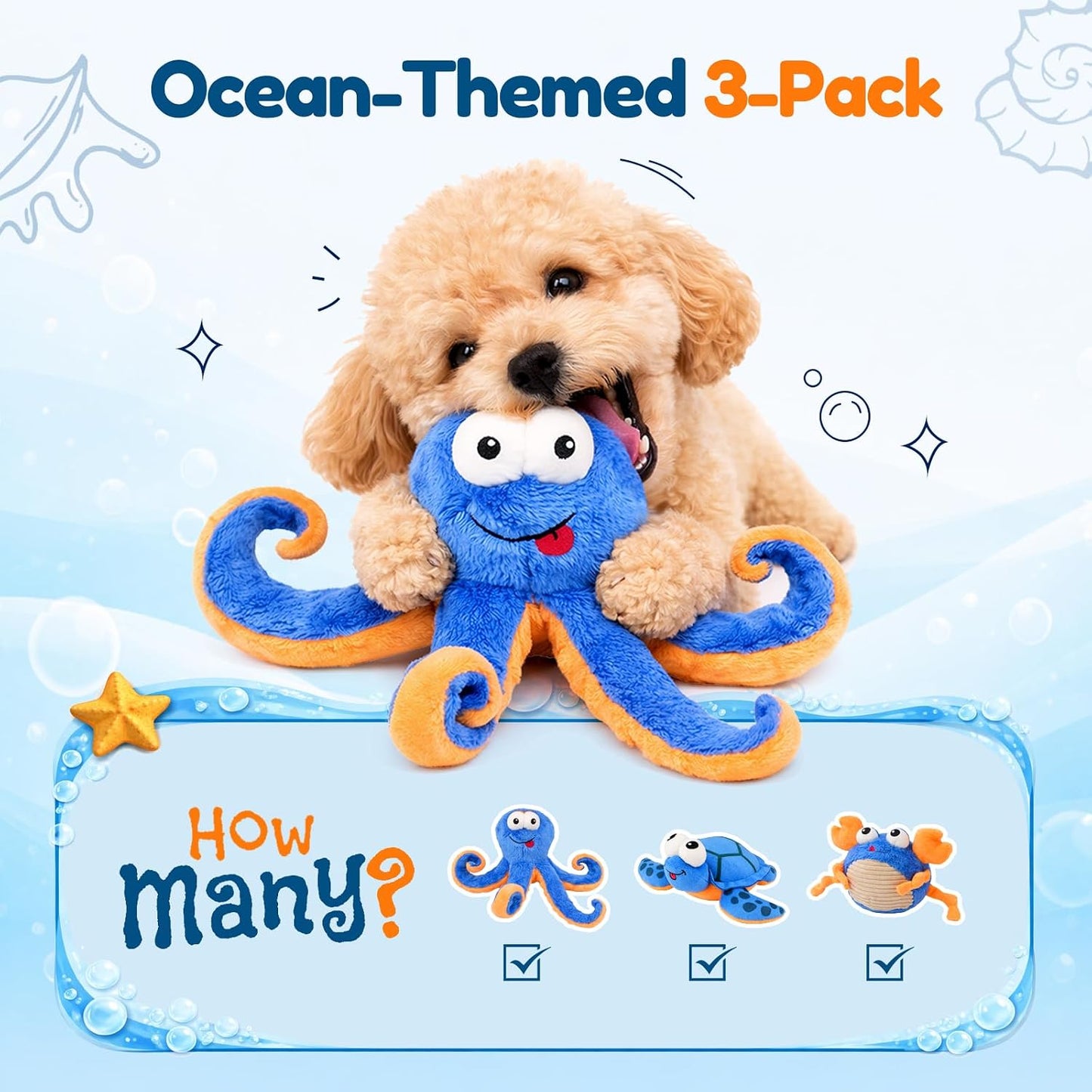 Juego 3 juguetes peluche temática oceánica perros pequeños