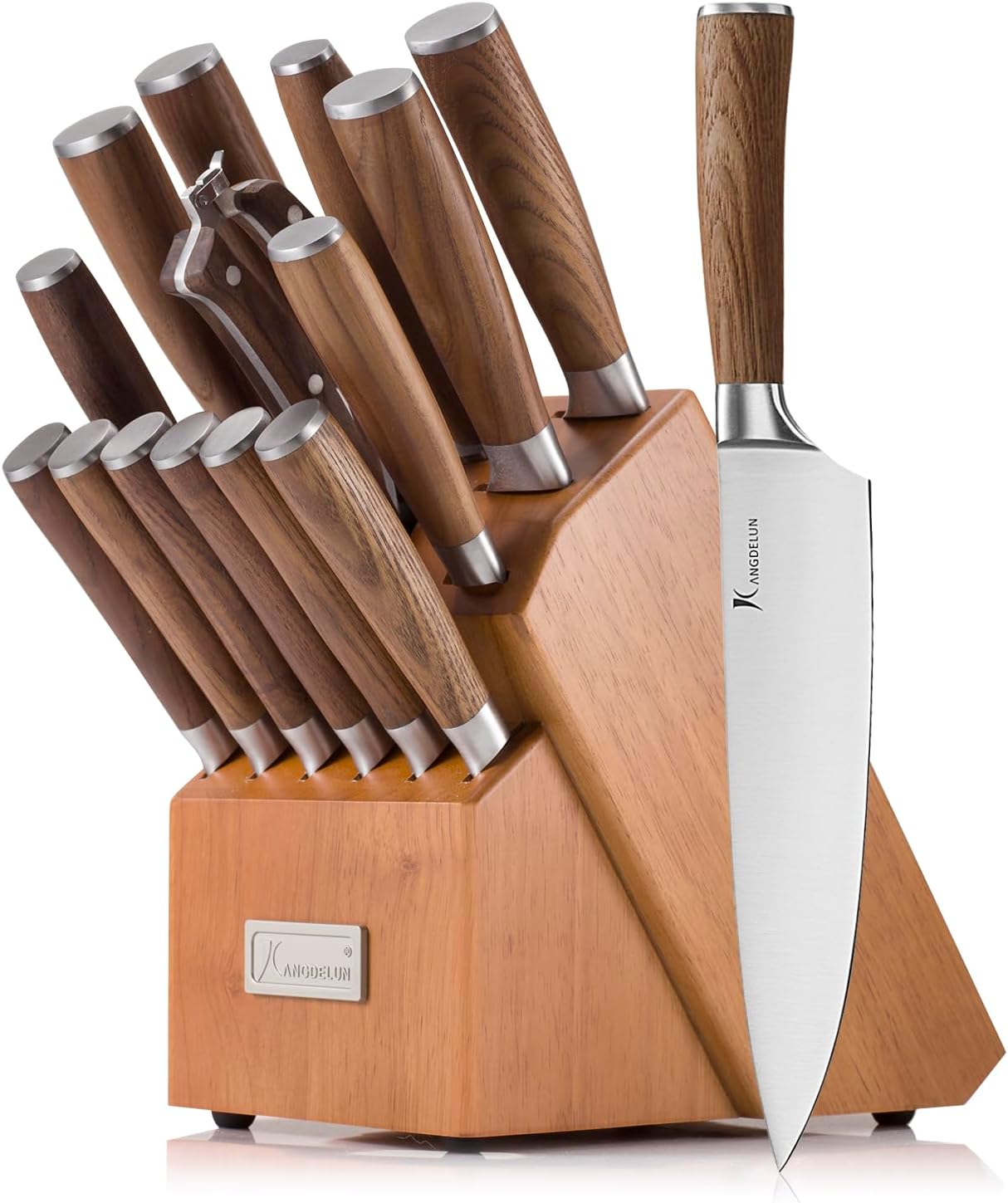 Set 15 cuchillos acero inox con afilador de 8" y mango madera