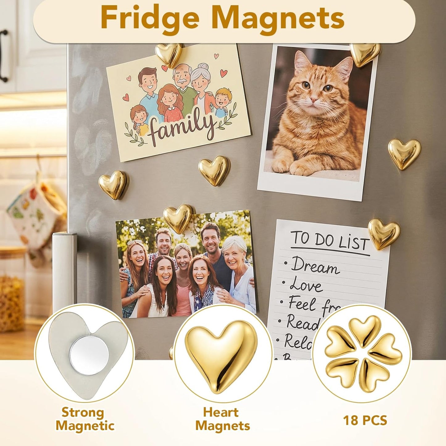 Imanes de nevera en forma de corazón dorado para refrigerador, hogar y oficina