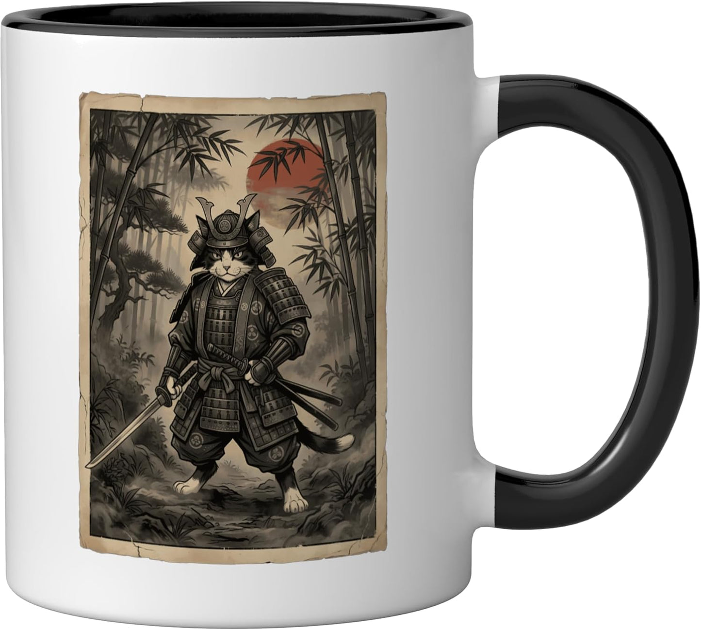 Taza cerámica artística japonesa Samurai Cat negra/blanca
