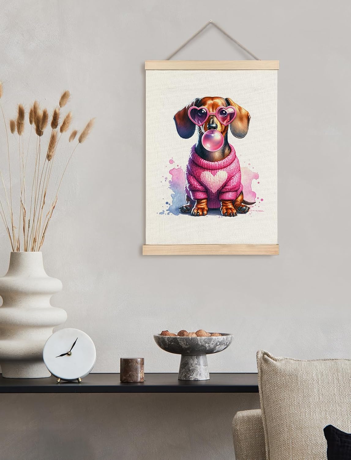 Marco colgante perro salchicha con lazo rosa arte pared