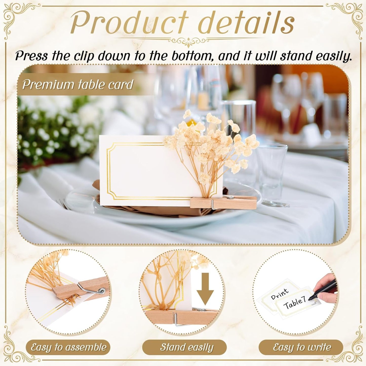 Paquete de 50 tarjetas de lugar de boda con clip de madera y aliento de bebé dorado