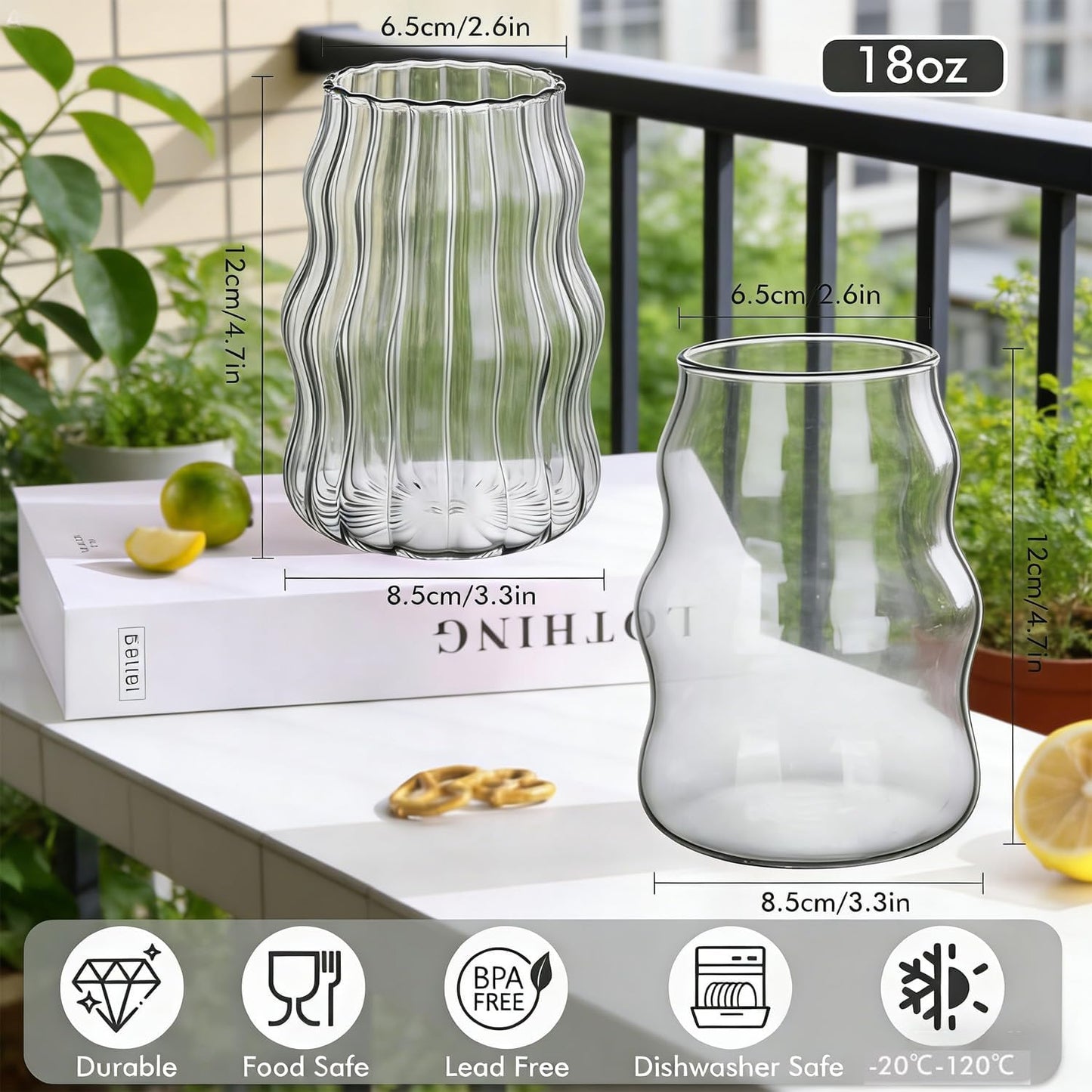 Juego de 4 vasos de vidrio acanalado con tapas de bambú y popotes reutilizables