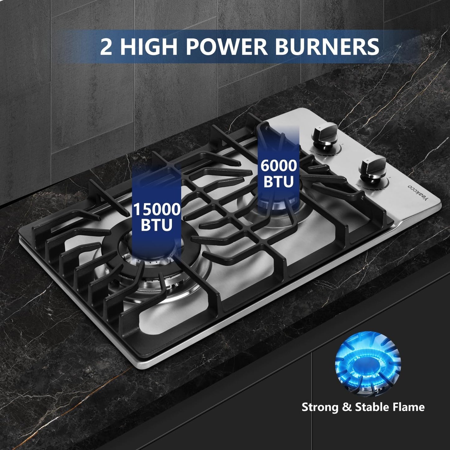 Placa cocina gas 12pulg acero inox 2 quemadores