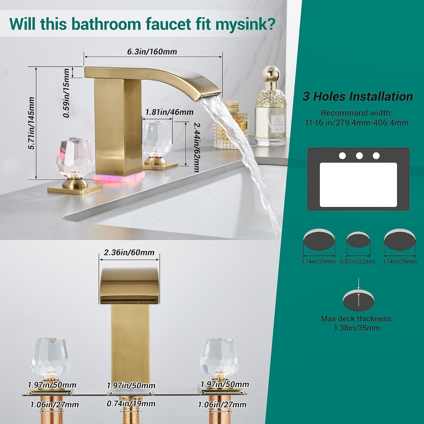 Grifo baño oro cepillado 3 agujeros cascada moderno