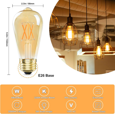 Bombilla LED Edison ST58 regulable 4W luz ámbar E26 vintage