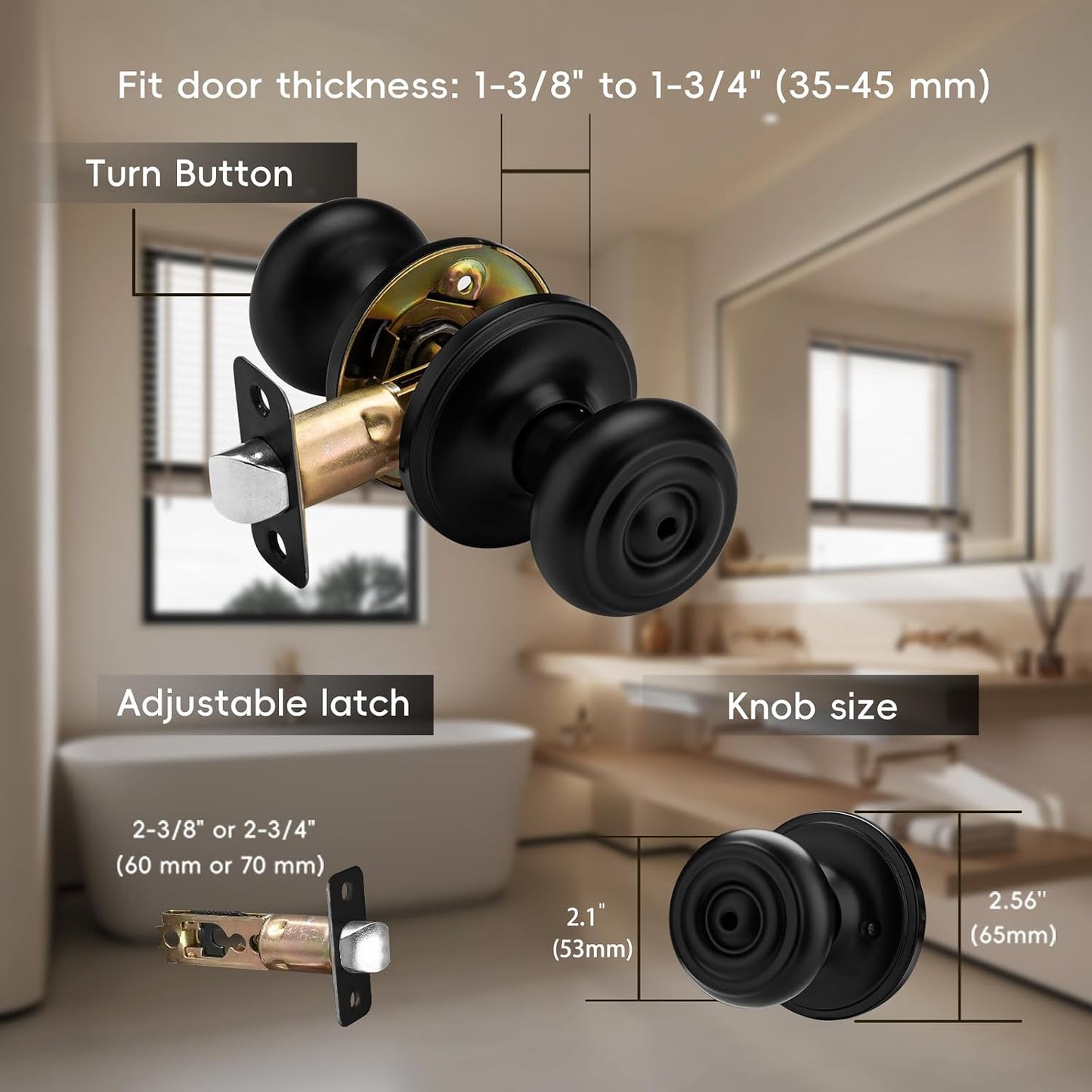 6 Pomas Puerta Interior Cerradura Giratoria Negro Mate
