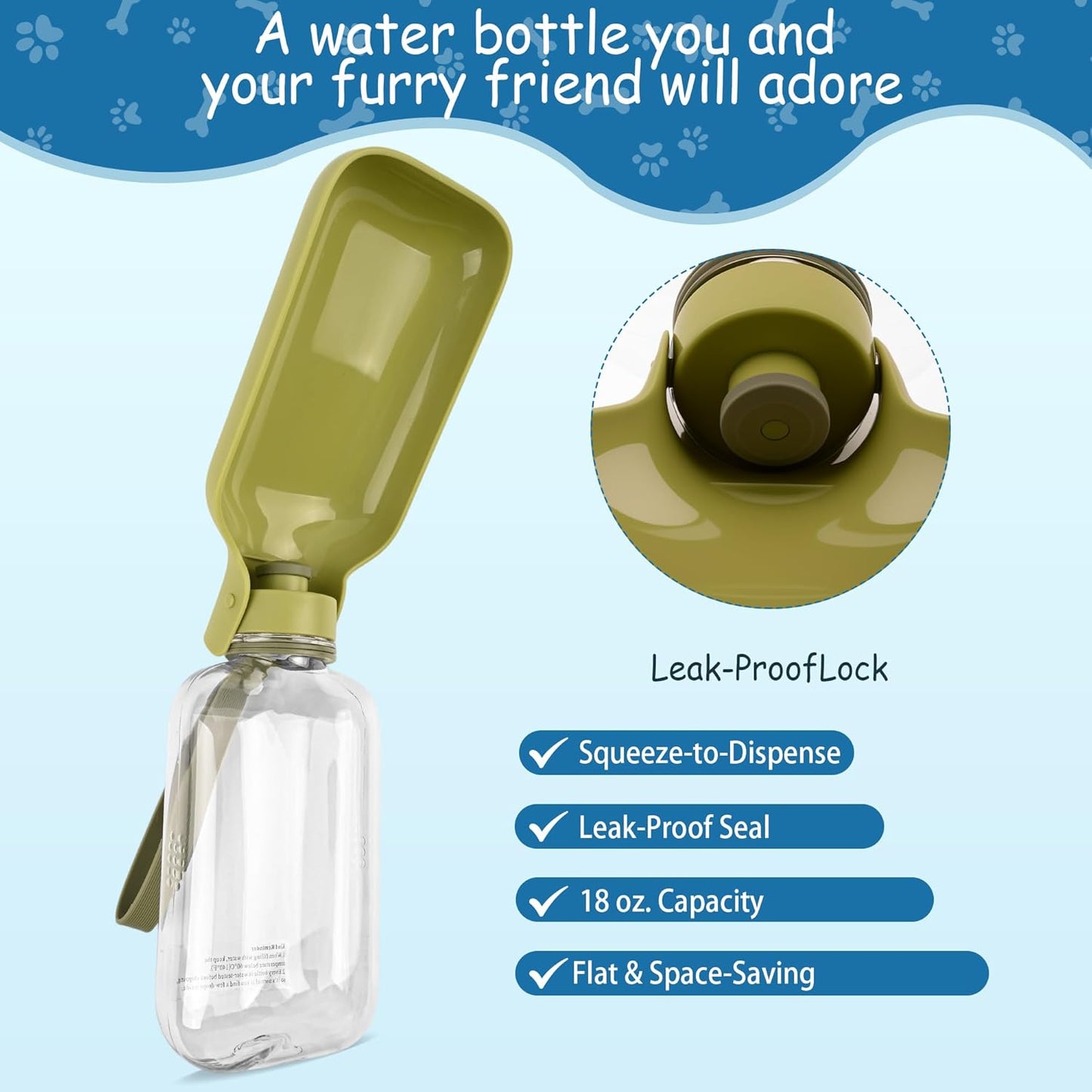 Botella agua perro 18oz verde a prueba de fugas