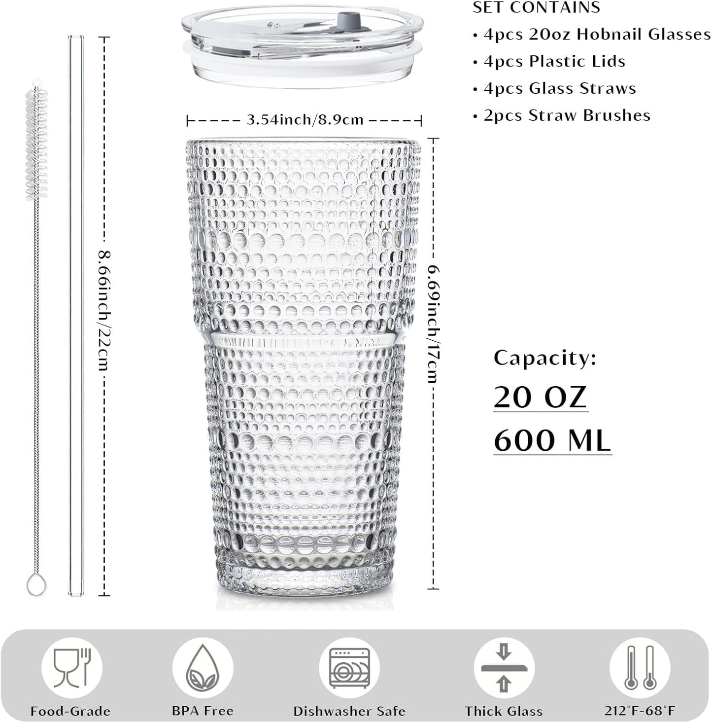 Vasos de vidrio Hobnail con tapas y pajitas 4 piezas para café helado batidos leche