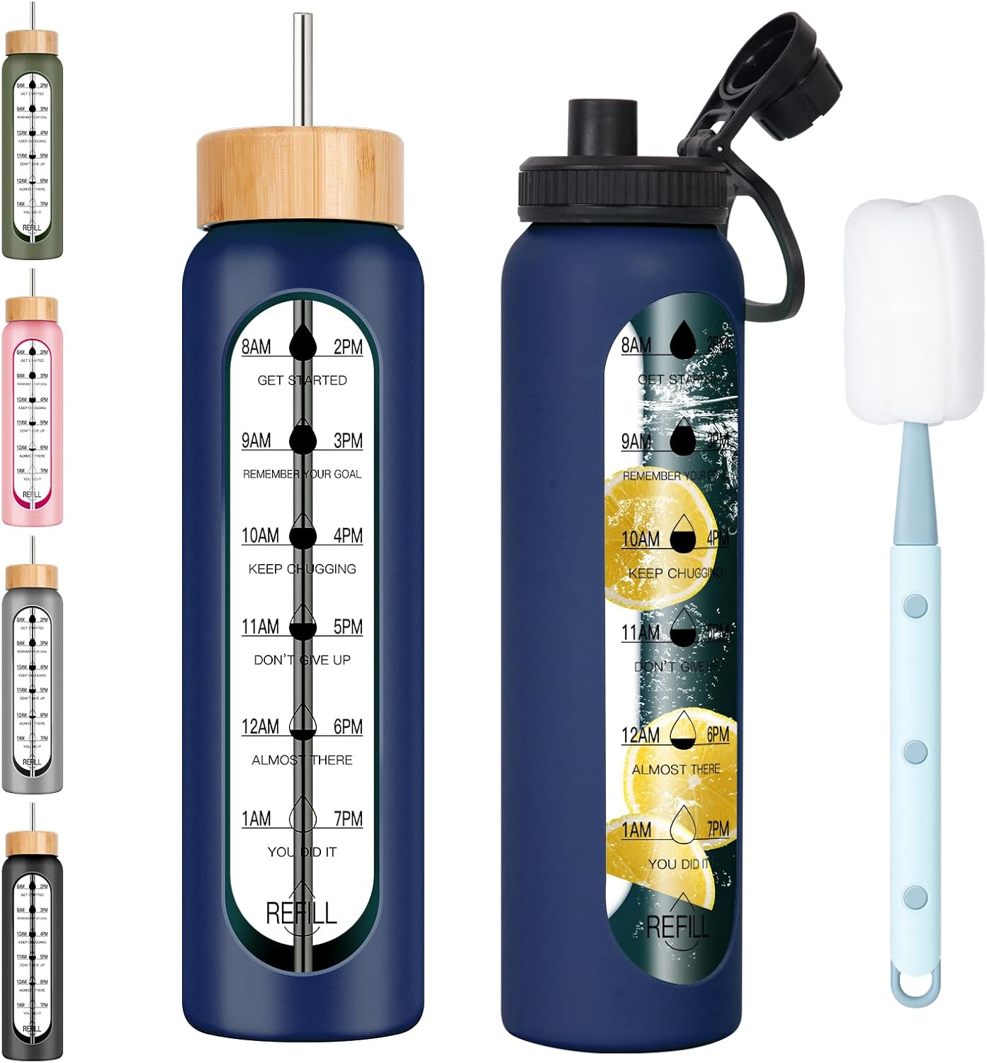 Botella vidrio borosilicato 1L con tapas asa popote bambú