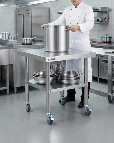 Mesa trabajo acero inox 24x30pulg con ruedas y estante