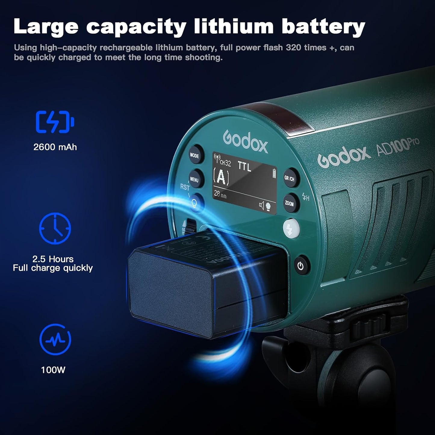 Luz estroboscópica AD100pro 100Ws batería 2600mAh inalámbrico
