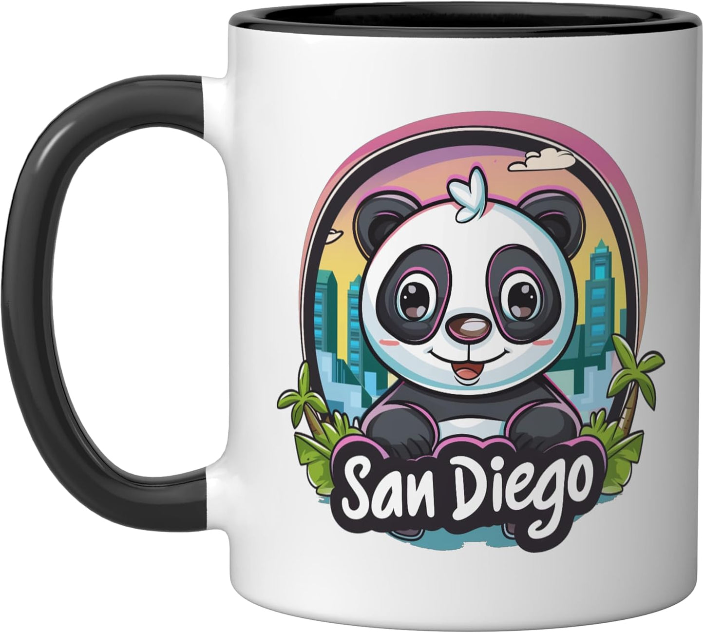 Taza Cerámica Panda Kawaii Ciudad Skyline Negro/Blanco