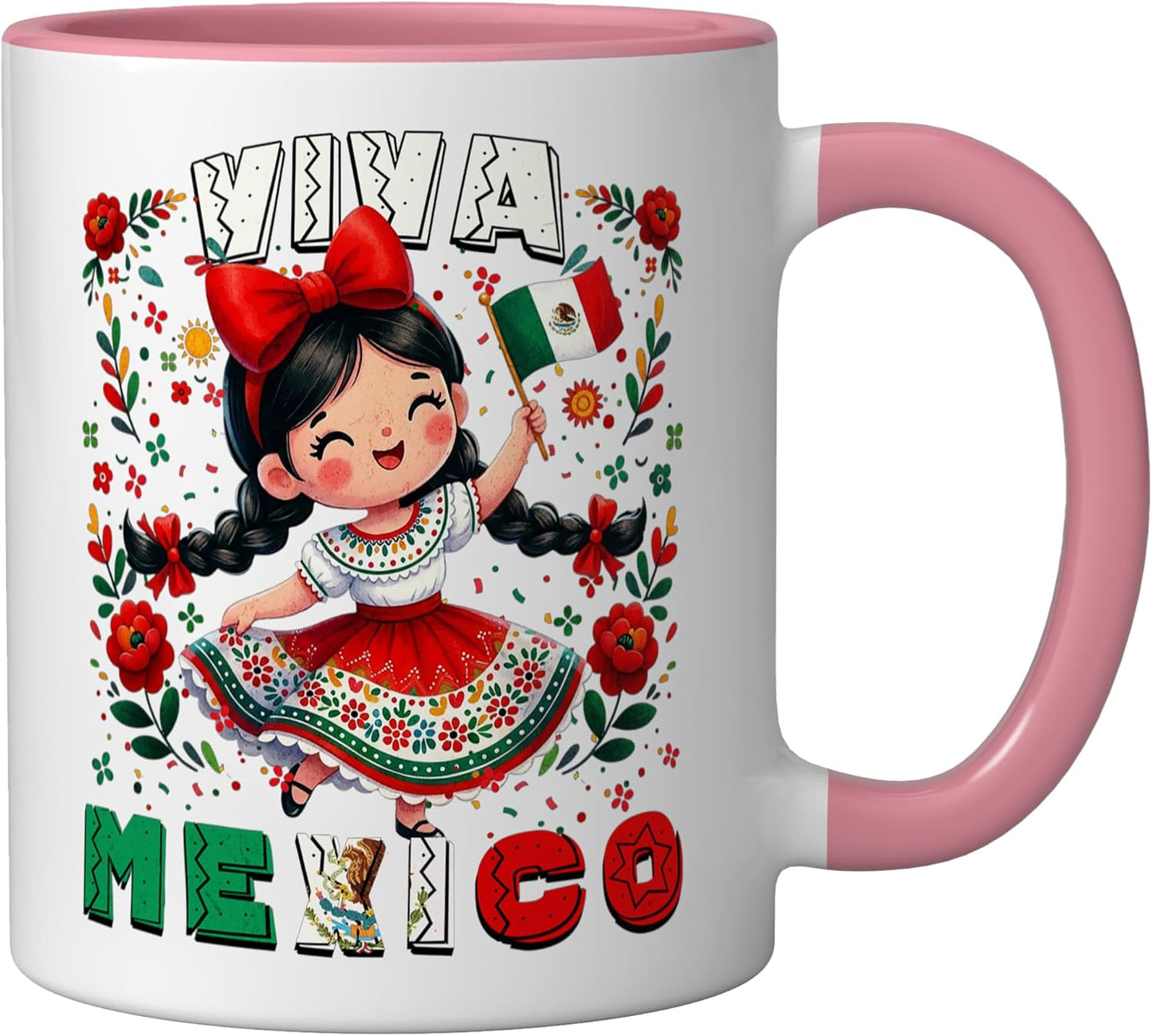 Taza de cerámica con diseño de bandera mexicana en rosa y blanco