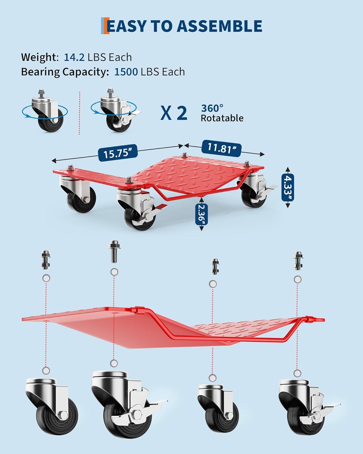 Set 4 Carros Ruedas Mudanza Automóvil 6000lb Resistente Rojo