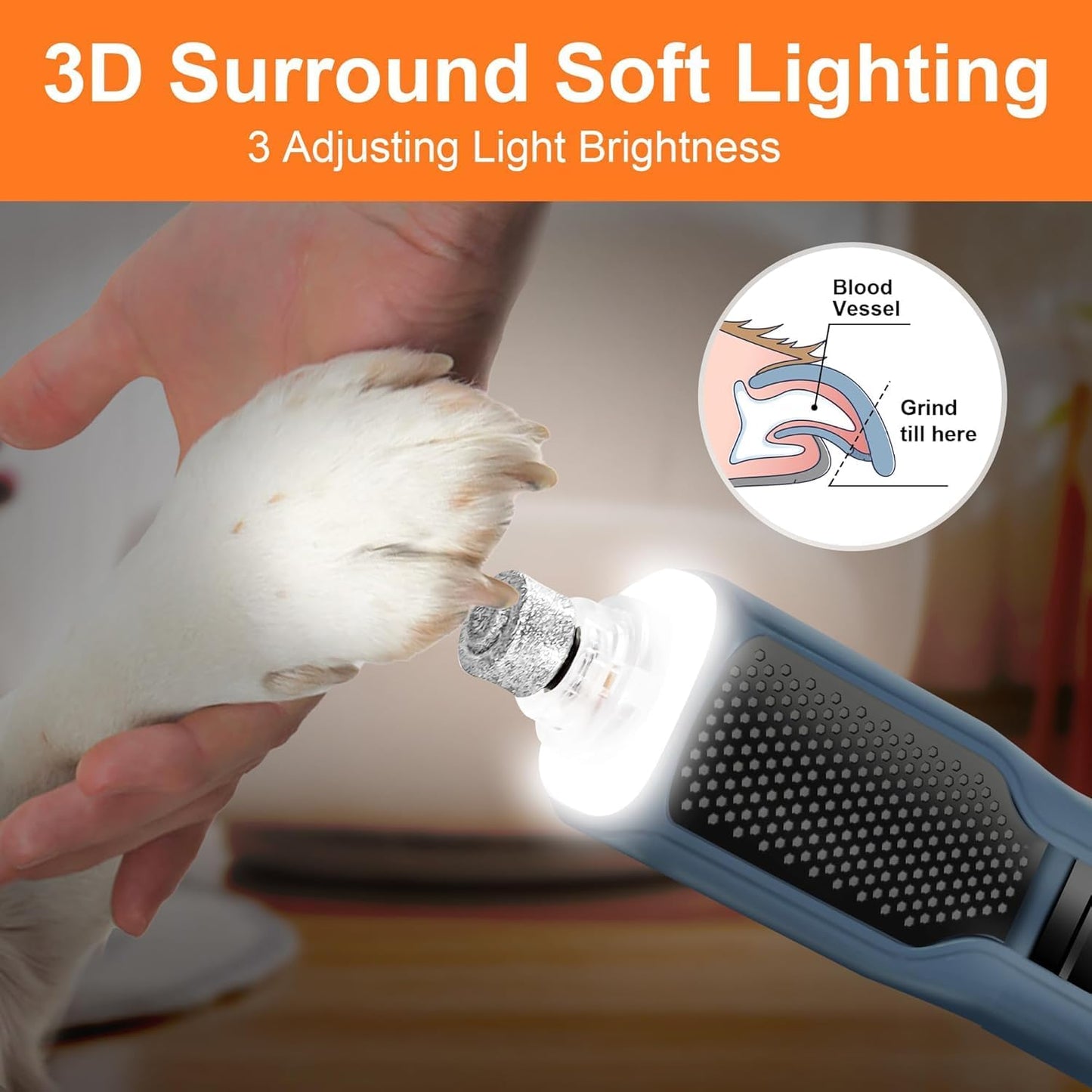 Molinillo uñas mascotas 7 vel. LED silencioso recargable