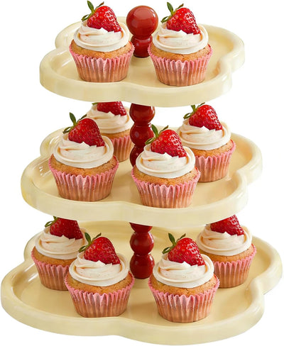 Soporte para cupcakes de 3 niveles en plástico color crema con detalles rojos