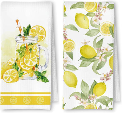 Toalla de cocina de poliéster con tema de limón, paquete de 2