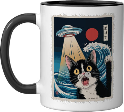 Taza cerámica de gato y OVNI negra/blanca