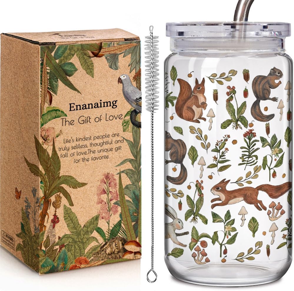 Taza de vidrio con tapa y pajita diseño floral y ardilla regalo para amantes de las ardillas