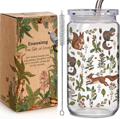 Taza de vidrio con tapa y pajita diseño floral y ardilla regalo para amantes de las ardillas