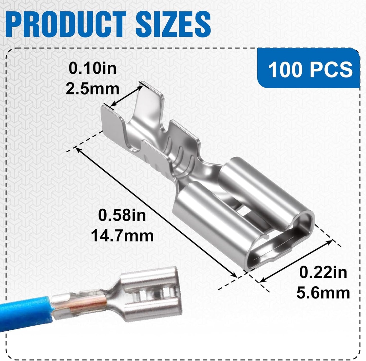 100 Conectores Cable Alta Temp 1/4pulg 18AWG