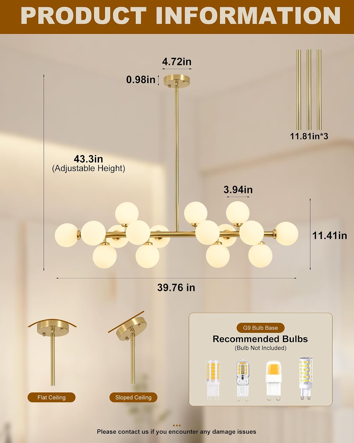 Candelabro Sputnik 16 lámparas cristal blanco leche 40pulg dorado