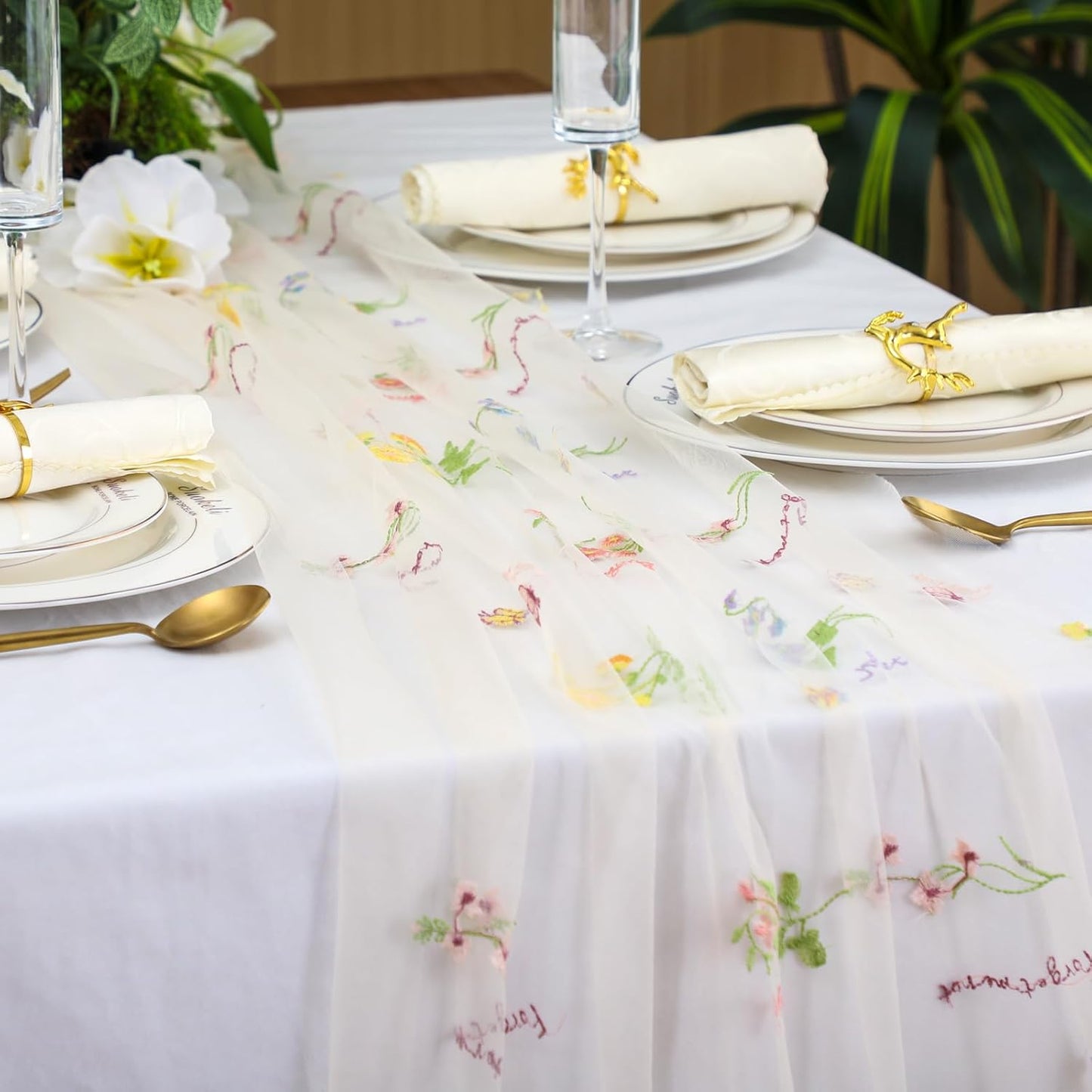 Camino de mesa de flores doradas champán bordadas para decoración de eventos