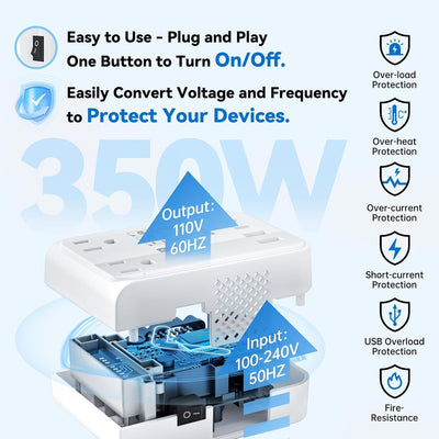Convertidor voltaje 220V a 110V 350W para alisador con USB A y C