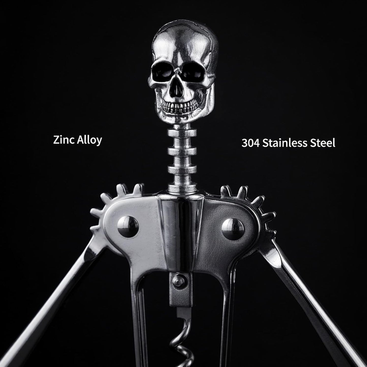 Sacacorchos de calavera plateada temática gótica para vino