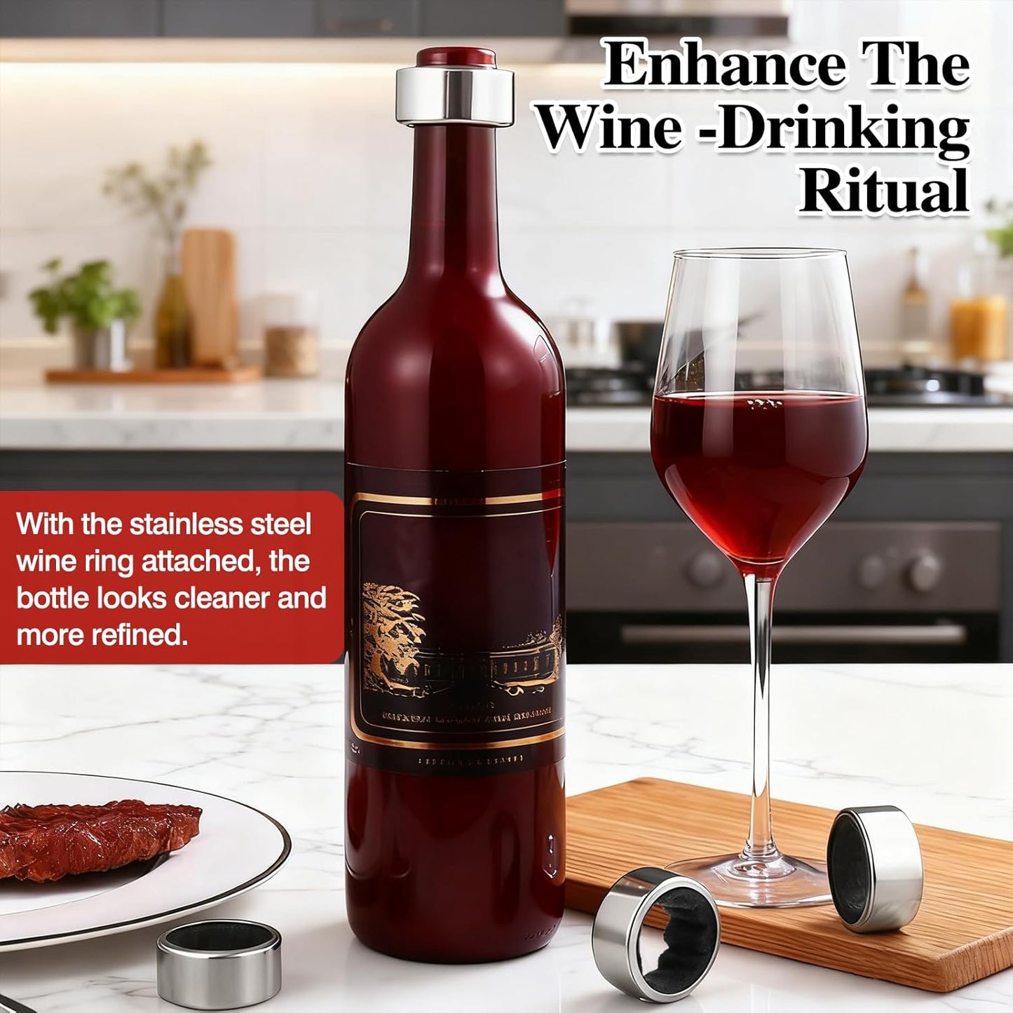 4 Collares Acero Inox para Botellas Vino Forro Fieltro