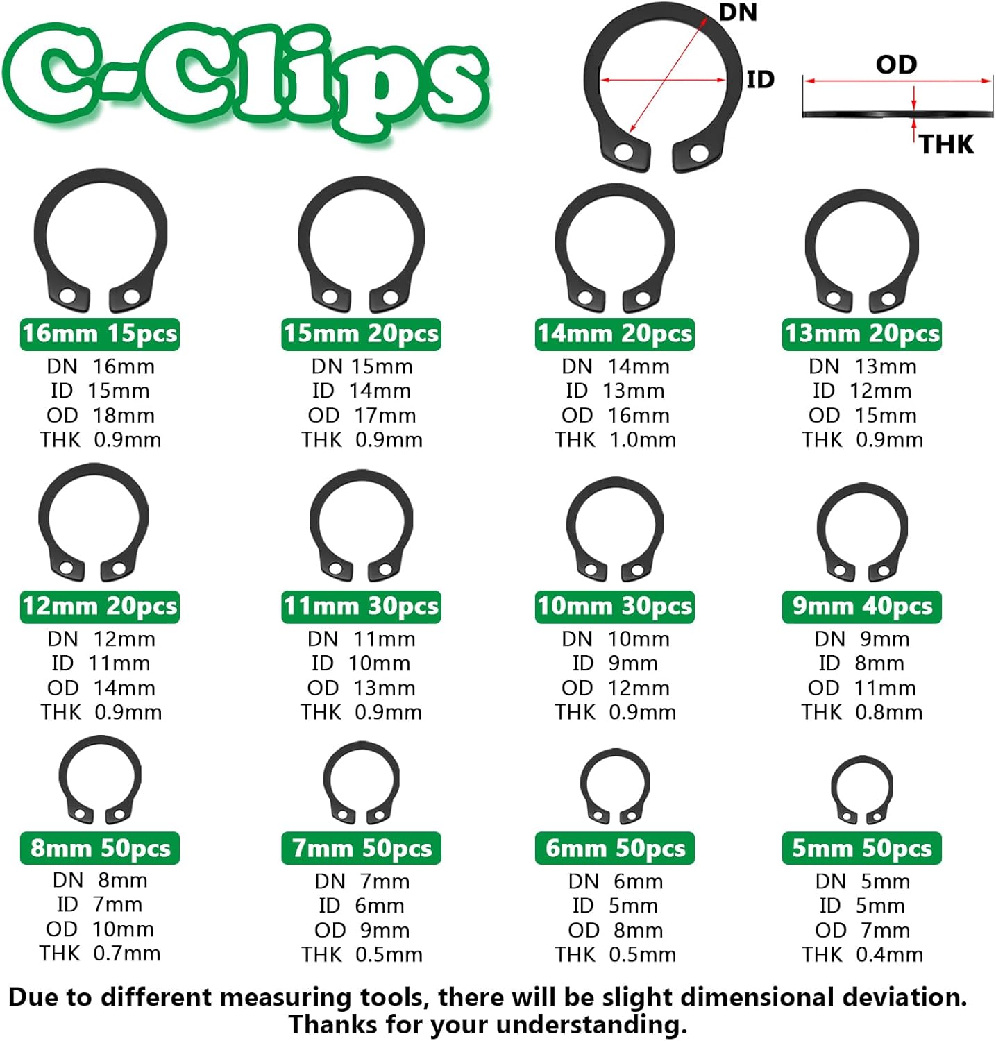 Kit anillos presión y clips E/C 0.079-0.631pulg