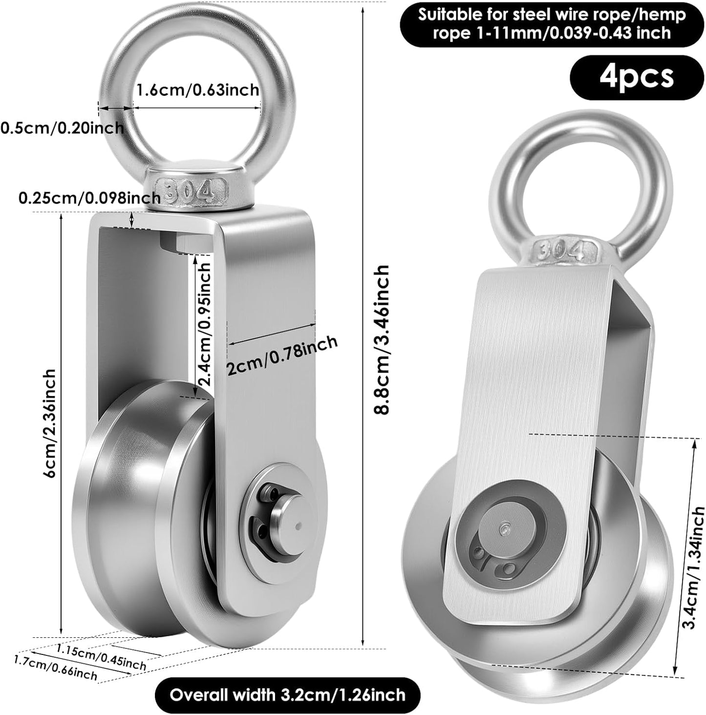 4 Ruedas Polea Acero Inox 304 Rotación 360 Grados