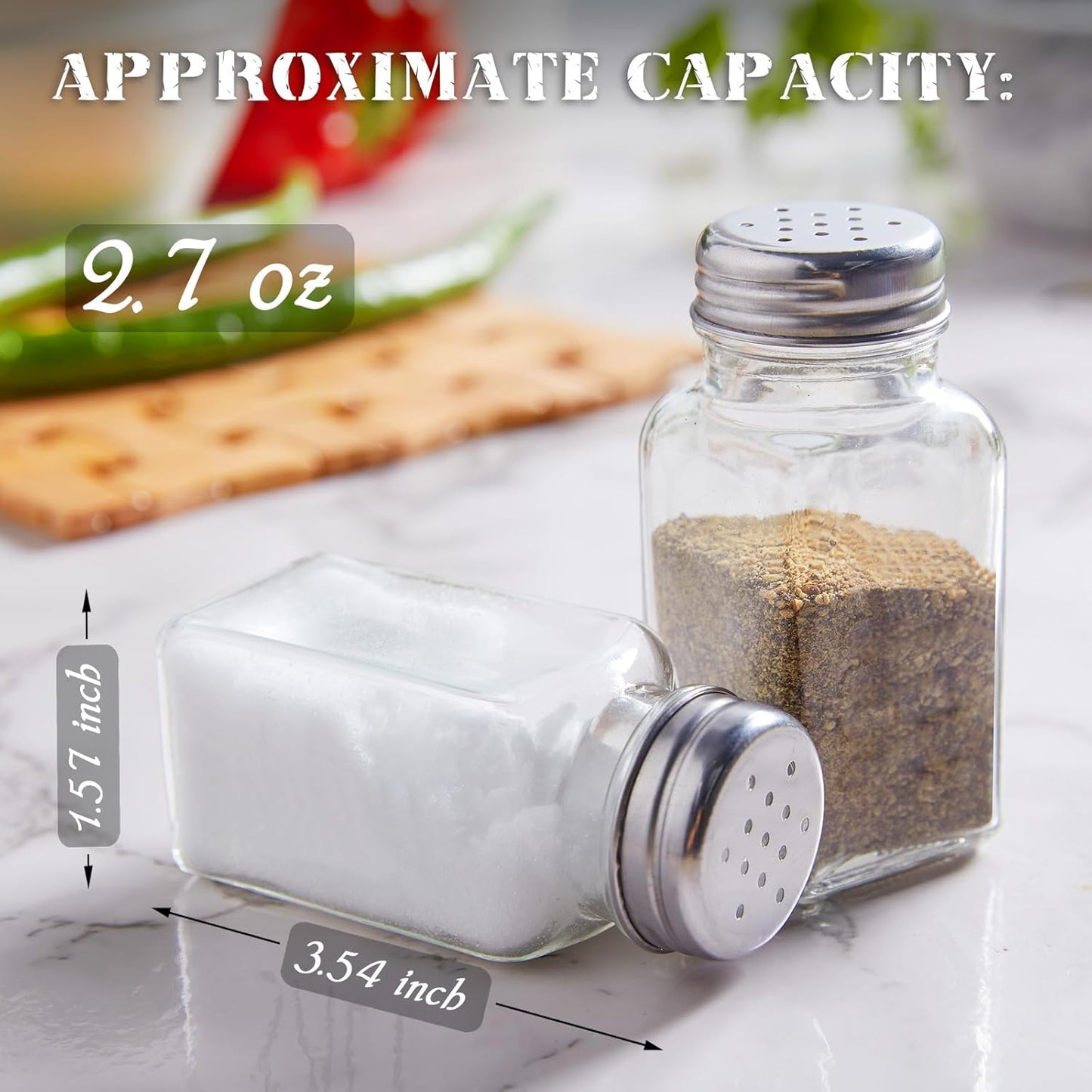 Juego salero pimentero vidrio 2.7oz tapas acero inox