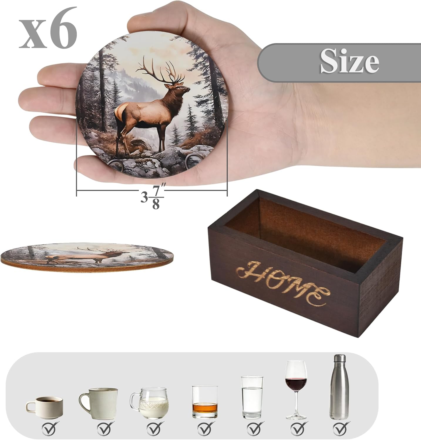 Juego de posavasos de madera para bar y hogar ciervos paquete de 6
