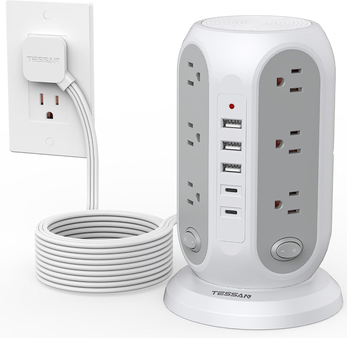 Regleta alimentación torre 12 tomas 5 USB 15ft 1250W oficina gris