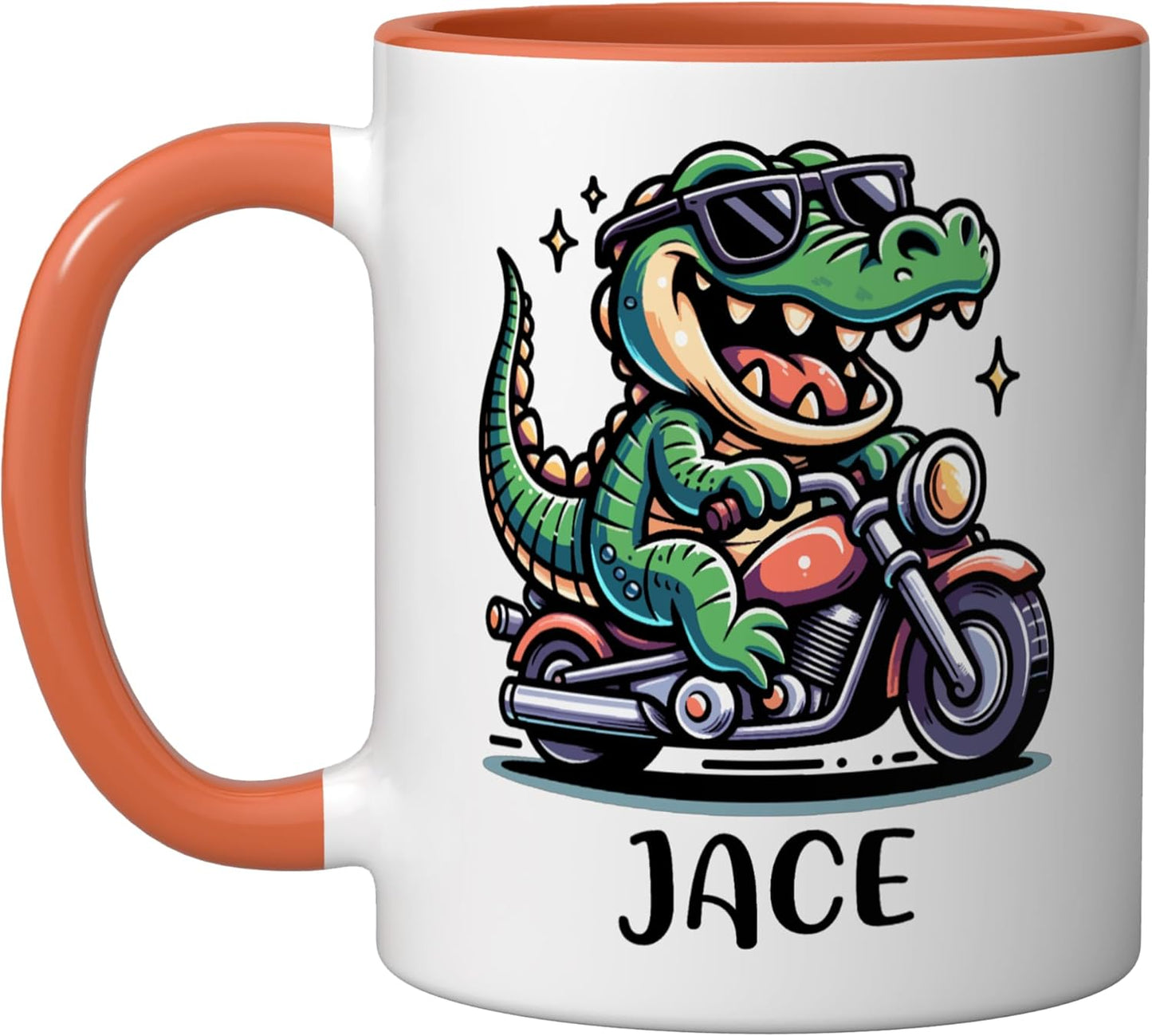 Taza cerámica para niño Jace con diseño de cocodrilo motocicleta color naranja/blanco