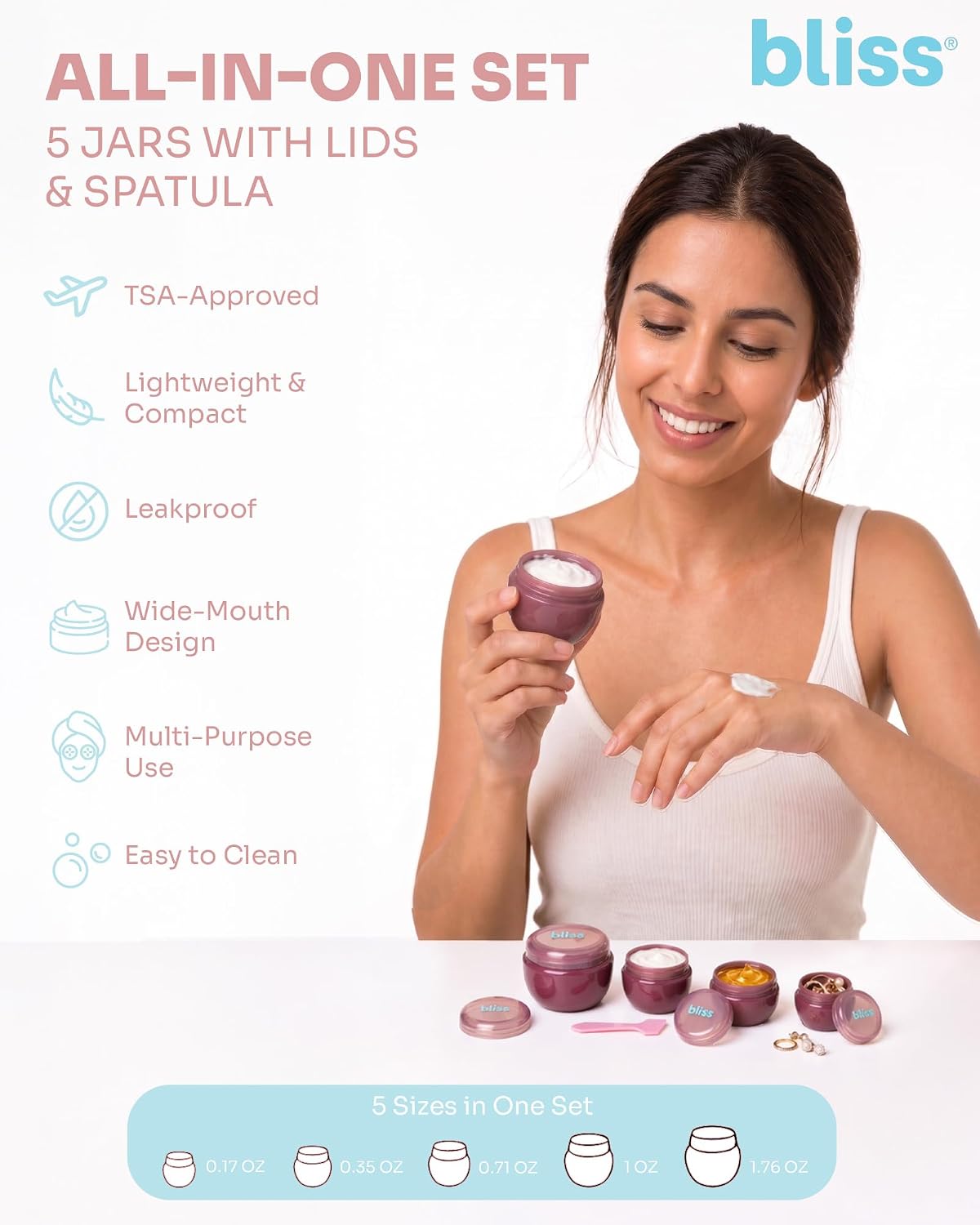 5 Pzas Tarros Cónicos Viaje con Tapa y Espátula